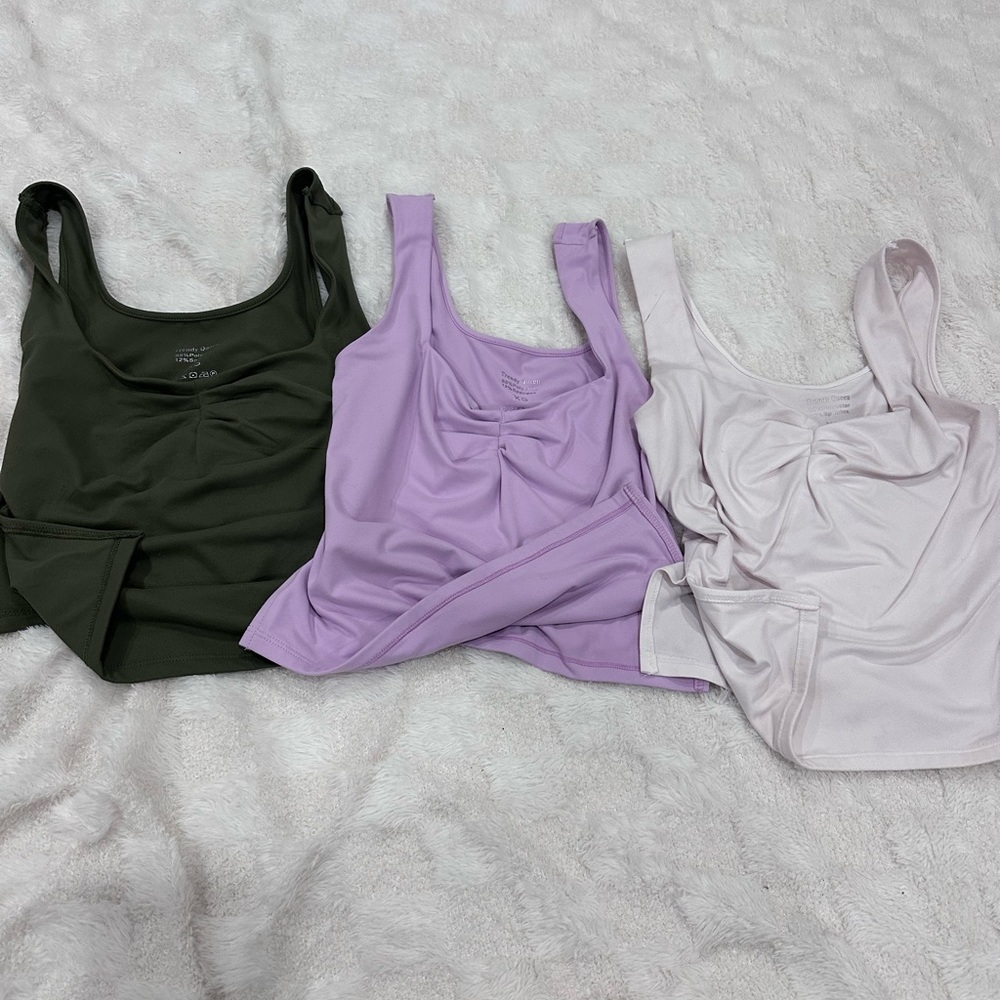 Set of Three Tank Tops in Green, Purple, and Light Pink